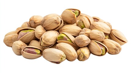 Fototapeta premium Top view of a pile of pistachios isolated on a white background, showcasing their unique shape and natural color