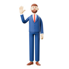 3D illustration of happy greeting gesture man waving hand. Cute cartoon smiling businessman saying hello with a white background.