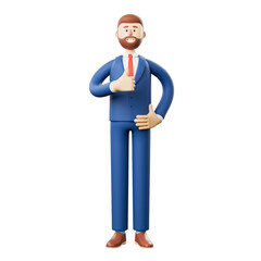 Portrait of smiling bearded businessman showing gesture cool. 3D illustration of cartoon standing man in suit with thumb up pose with a white background.