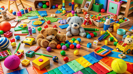 Colorful assortment of toys scattered on floor, including wooden blocks, stuffed animals, balls, and puzzles, surrounded by scattered crayons and paper.