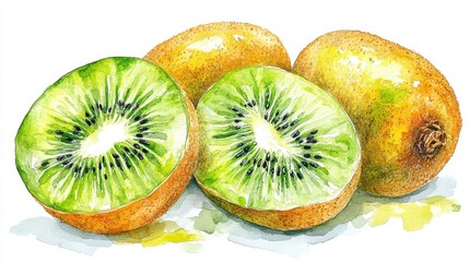 Fototapeta premium A tropical kiwi clipart, fruit element, digital painting, exotic style, isolated on white background