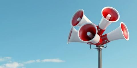 A bunch of white and red megaphones on top of an outdoor speaker pole against a sky background