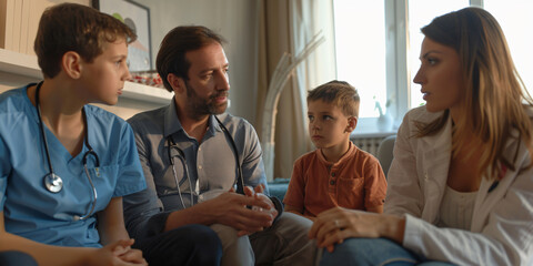 Obraz premium A family sits in a living room with a doctor, having a medical consultation.