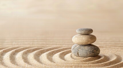 Tranquil Zen Garden with Serene Raked Sand and Harmonious Stone Arrangements, Reflecting Mindfulness and Inner Peace