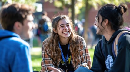 First-year college students participating in ice-breaker games and activities on the campus lawn, laughing and interacting with each other, with university buildings and trees in the background,