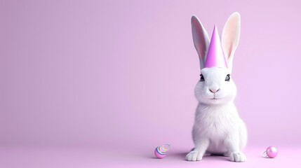 Fototapeta premium A cute white rabbit wearing a pink party hat sits on a pink background with two colorful balls.