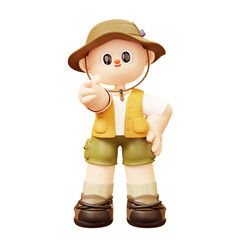 Fototapeta premium Camper Young Man Character Camper Man Pointing With His Finger in Outdoor Camping Or Scout Uniform. 3D cute cartoon Tourist camp tents.