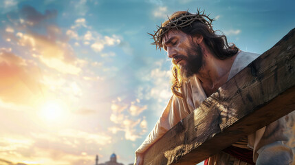 A photograph of Jesus Christ carrying a cross, wearing a white robe with a red sash, looking determined, against a clear blue sky