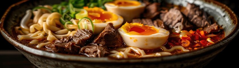 Delicious ramen bowl with soft-boiled eggs, tender beef, and fresh vegetables in rich broth, perfect for food lovers.