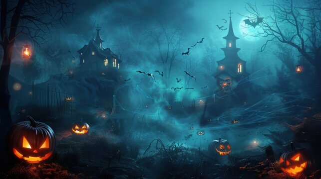 A spooky Halloween background featuring eerie, foggy scenery with ghostly silhouettes, carved pumpkins, and creepy cobwebs, creating a chilling and festive atmosphere perfect for Halloween promotions