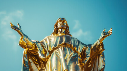 Obraz premium A photograph of Jesus Christ, golden statue, arms raised as if in blessing, captured from a distance showing the full statue and its surroundings, set against a pure blue sky