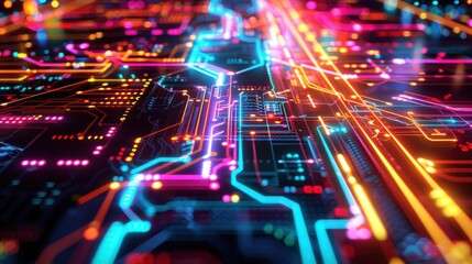 A vibrant scene with glowing neon lines in various colors, forming dynamic shapes and patterns, creating a futuristic and energetic atmosphere, perfect for tech-themed projects, modern designs, and