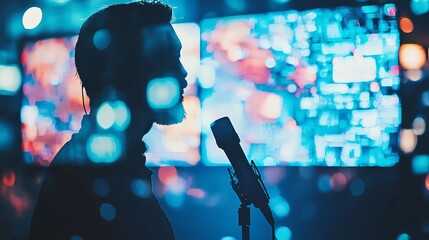 Campaign ads in media, close up, sharp visuals Double exposure silhouette with TV screens and microphones