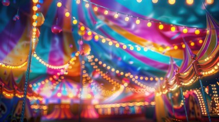 A vibrant circus background with colorful tents, bright lights, and festive decorations, capturing the whimsical and lively atmosphere of a circus, perfect for themed events, entertainment