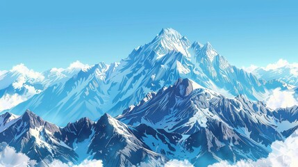 Fototapeta premium A majestic mountains background with rugged peaks, snow-capped summits, and a clear blue sky, capturing the grandeur and awe-inspiring beauty of mountainous landscapes, ideal for adventure, travel,