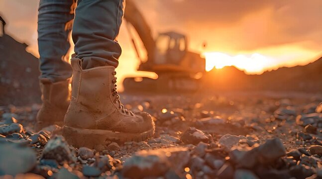 The person is wearing a pair of work boots and is looking at the machinery.