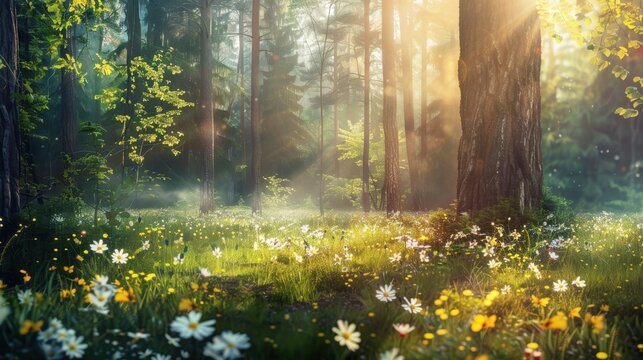 A nature background featuring a dense forest with tall trees, dappled sunlight, and a carpet of wildflowers, capturing the tranquil and untouched beauty of the natural world, ideal for eco-friendly