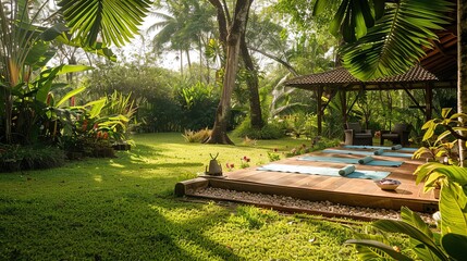 A yoga studio set up outdoors, surrounded by lush greenery.