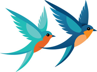 Obraz premium Two vibrant birds soar gracefully through the air, showcasing their colorful feathers and joyful movement.