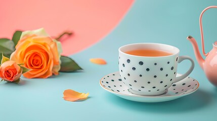 Fototapeta premium A porcelain spotted tea cup and kettle and an orange rose isolated on colorful background