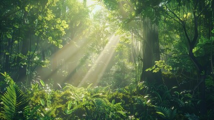 Fototapeta premium A lush forest background with towering trees, dense foliage, and sunbeams filtering through the canopy, capturing the serene and mystical atmosphere of a woodland setting, perfect for nature