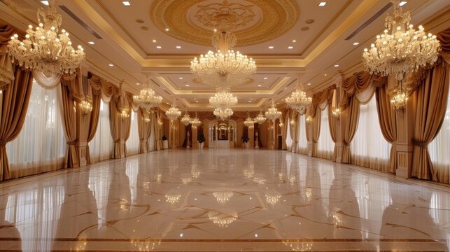 A luxurious ballroom interior with ornate chandeliers, elegant drapery, and polished marble floors, capturing the grandeur and sophistication of a formal event, ideal for upscale gatherings,
