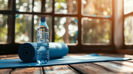 A yoga mat and a water bottle on a wooden floor in a bright room.