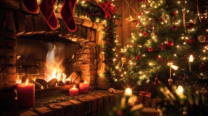 Fototapeta premium A festive Christmas background with a cozy fireplace, decorated tree, and twinkling lights, capturing the warmth and joy of the holiday season, perfect for holiday promotions, greeting cards, and