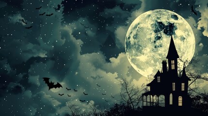 A spooky Halloween background with a full moon, bats, and a haunted house silhouetted against an eerie sky, creating a chilling atmosphere perfect for Halloween events, promotions, and themed designs