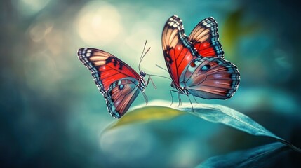 Two Butterflies on a Leaf in a Forest