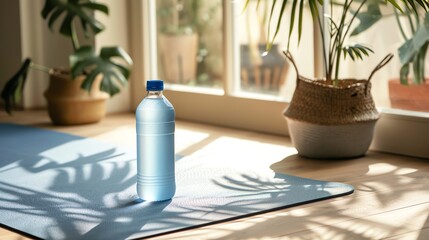 Fototapeta premium A water bottle on a yoga mat in a sunlit room.