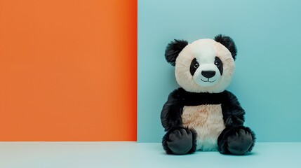 A stuffed panda bear on a light orange and blue background