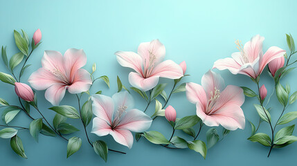 Elegant colorful with vibrant flower hanging branches illustration background. Bright color 3d abstraction wallpaper for interior mural