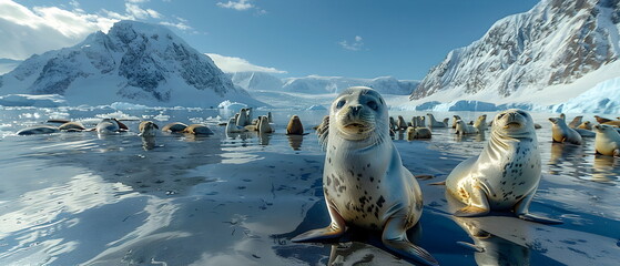 Sea Otter in a snowy winter, mammal wild animal in Arctic or iceland, which ungulates that live in the Arctic in groups of families or species societies