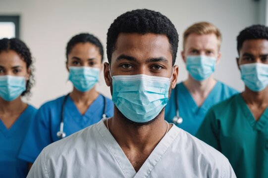 Confident multiethnic male nurse in front of his medical team looking at camera wearing face mask.