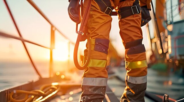 A man in a harness is standing on a bridge.