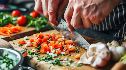 A chef chopping tomatoes and other vegetables on a wooden cutting board.