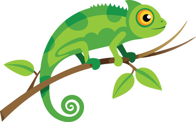 A vibrant green chameleon rests on a branch, blending in with the surrounding leaves and twigs.