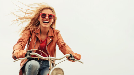 Fototapeta premium Chica Feliz Montando Bicicleta en Fondo Blanco