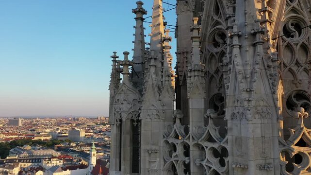Aerial view of the historic center and St. Stephen's Cathedral of the capital of Austria, Vienna, in the evening at sunset