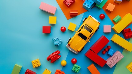 A toy car blocks and other colorful toys isolated on colorful background