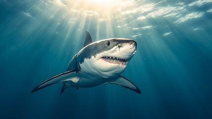Great white shark swims through sunbeams in the blue ocean.