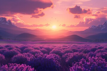 Fototapeta premium Sunset Over Lavender Fields and Mountain Range