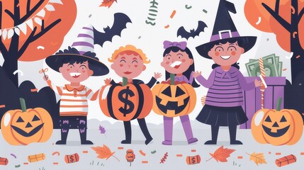 Trickortreaters with dollar signs, financial setting, flat design illustration