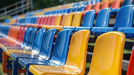 Fototapeta premium Stadium bleachers with multicolored, empty plastic seats. copy space for text
