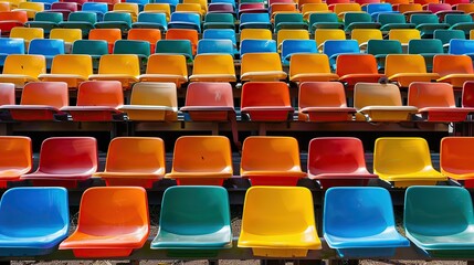 Fototapeta premium Stadium bleachers with multicolored, empty plastic seats. copy space for text