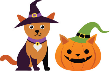 A playful cat wearing a witch hat poses next to a mischievous jack-o'-lantern in a festive Halloween spirit.