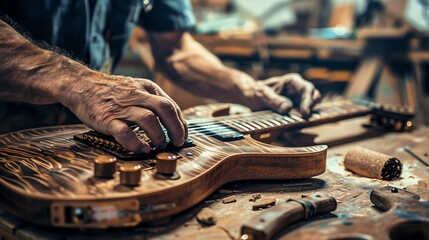 A man is working on a guitar in a workshop.