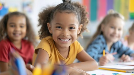 Fototapeta premium Joyful Young Artists: Happy Children Engaged in Creative Art Class, Painting and Drawing in a Fun Learning Environment