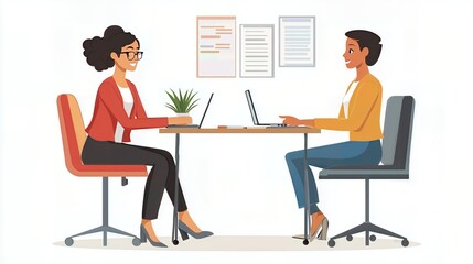 A professional meeting between two colleagues in an office setting, showcasing teamwork and collaboration.